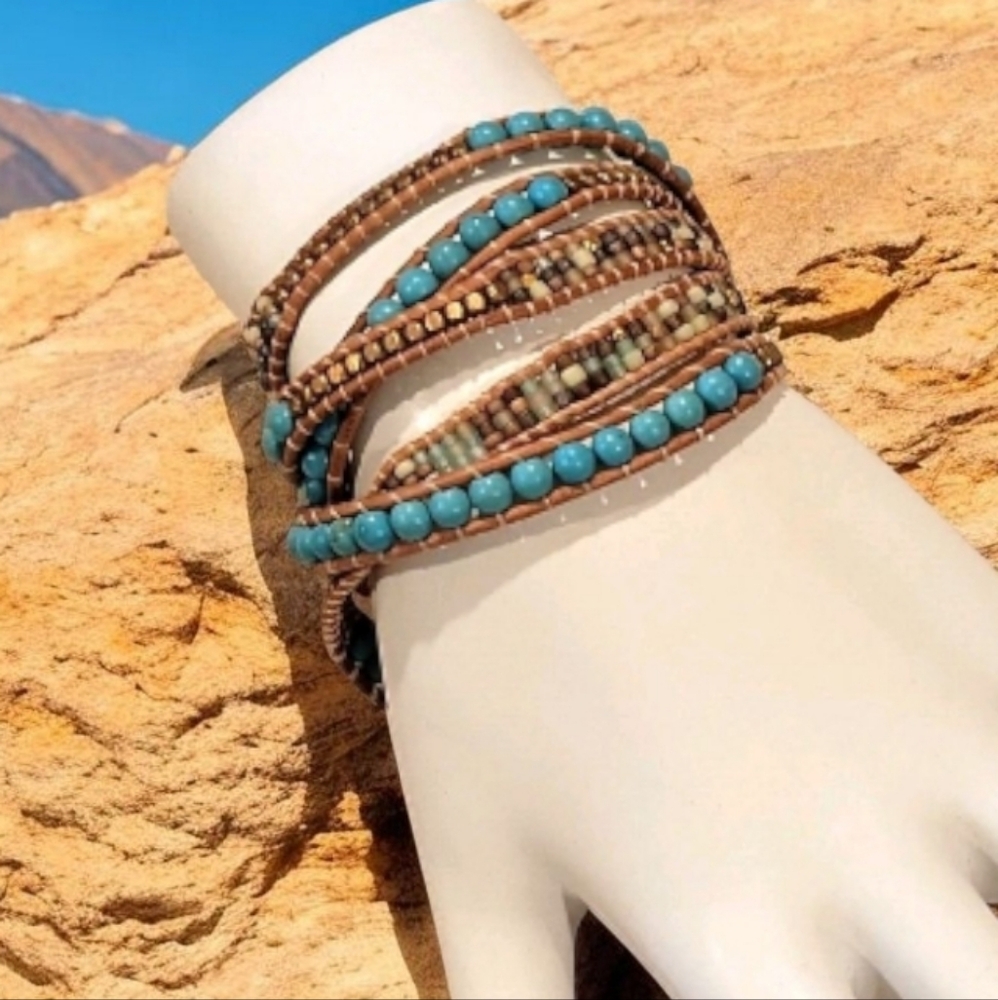 NAKAMOL Beaded Leather Wrap Bracelet Necklace Turquoise Earth Gold tones to 36"